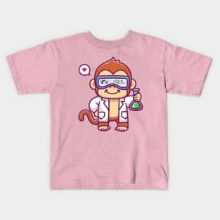 Cute Monkey Scientist Holding Chemical Liquid Cartoon Kids T-Shirt